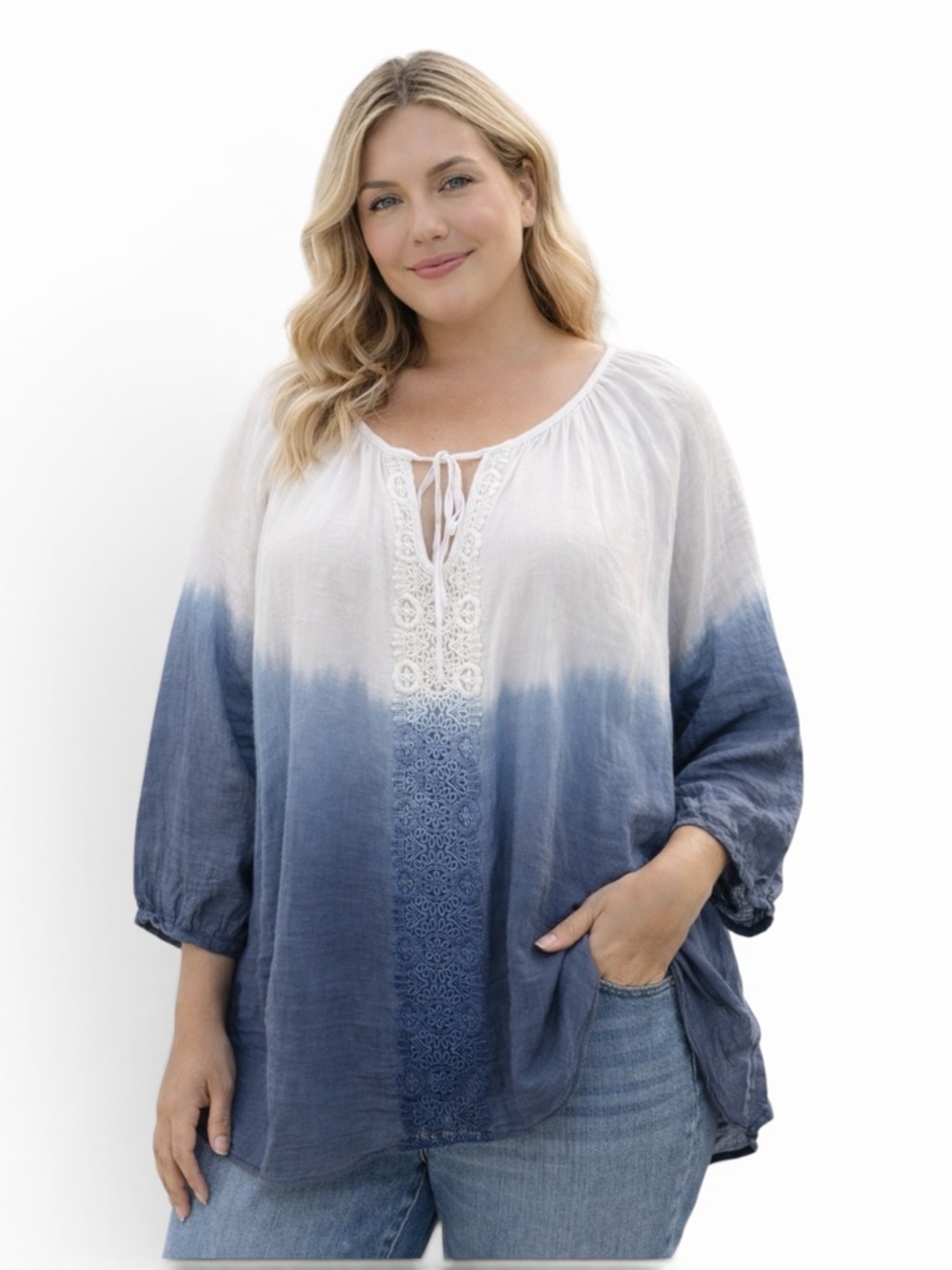 NWT I.N. Studio Blue Ombre Boho Peasant Top Lace-Up Front Flowy Blouse 2X Plus